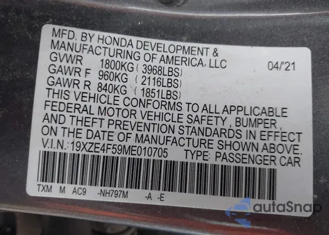 2021 Honda Insight Ex from USA, damaged, VIN 19XZE4F59ME010705